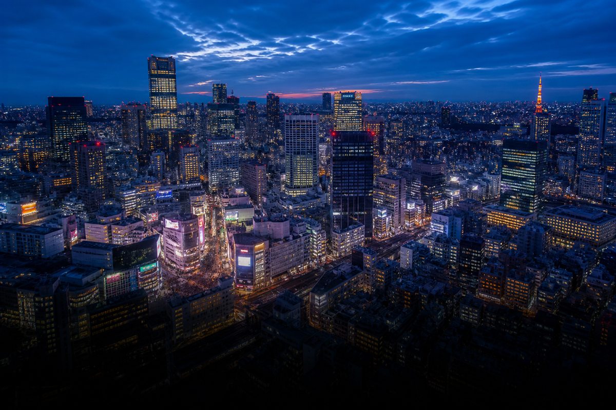 Panorama Tokio o niebieskiej godzinie